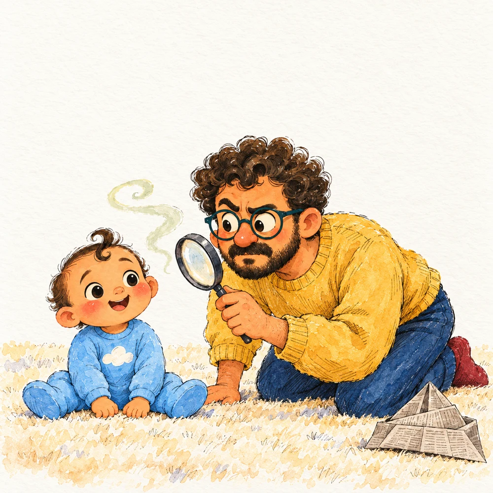 Illustration study of Papa with glasses and beard examining his innocent-looking baby
