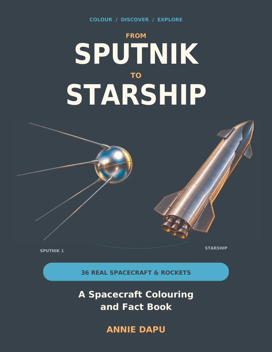 Draft cover of From Sputnik to Starship, a spacecraft colouring and fact book by Annie Dapu